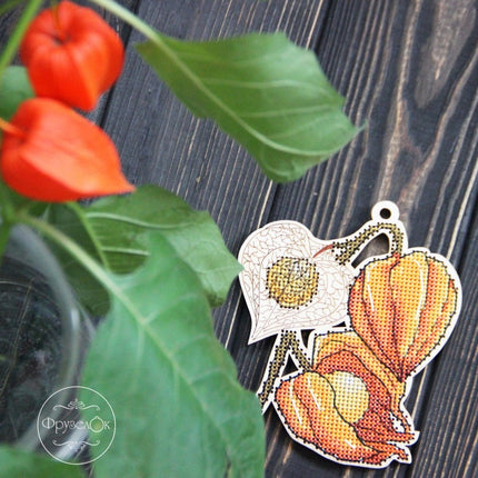 DIY Cross stitch kit on wood "Physalis" 4.5x3.9 in / 11.5x10.0 cm