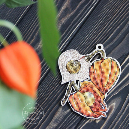 DIY Cross stitch kit on wood "Physalis" 4.5x3.9 in / 11.5x10.0 cm