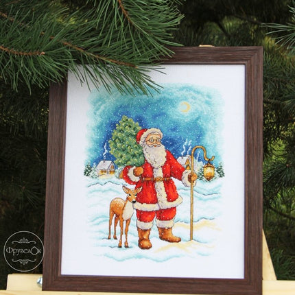DIY Cross Stitch Kit "Santa Claus with a deer" 10.6x8.5 in / 27.0x21.5 cm