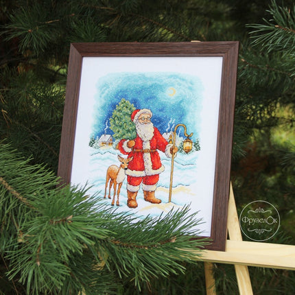 DIY Cross Stitch Kit "Santa Claus with a deer" 10.6x8.5 in / 27.0x21.5 cm