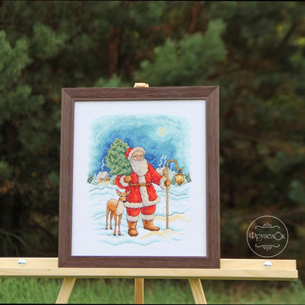 DIY Cross Stitch Kit "Santa Claus with a deer" 10.6x8.5 in / 27.0x21.5 cm