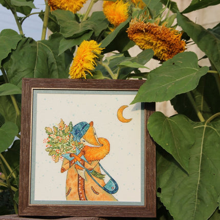 DIY Cross Stitch Kit "Autumn foxes" 8.9x8.3 in / 22.5x21.0 cm