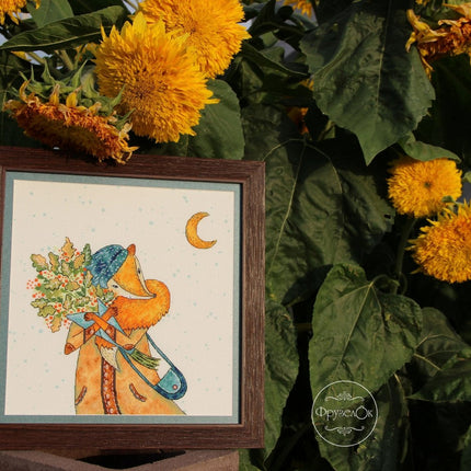 DIY Cross Stitch Kit "Autumn foxes" 8.9x8.3 in / 22.5x21.0 cm
