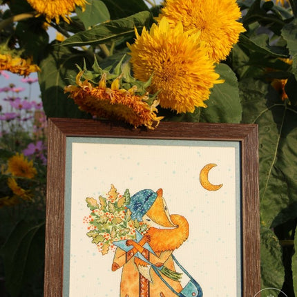 DIY Cross Stitch Kit "Autumn foxes" 8.9x8.3 in / 22.5x21.0 cm