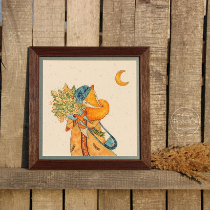 DIY Cross Stitch Kit "Autumn foxes" 8.9x8.3 in / 22.5x21.0 cm