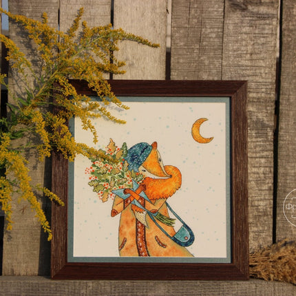 DIY Cross Stitch Kit "Autumn foxes" 8.9x8.3 in / 22.5x21.0 cm