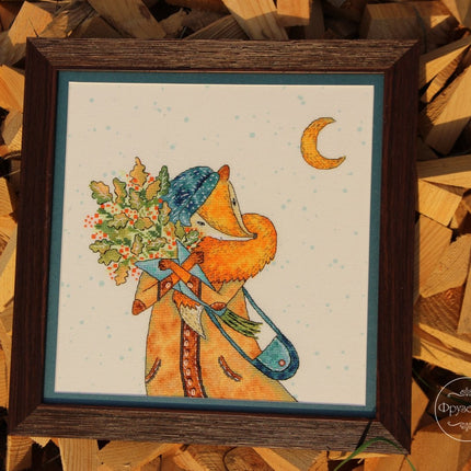 DIY Cross Stitch Kit "Autumn foxes" 8.9x8.3 in / 22.5x21.0 cm