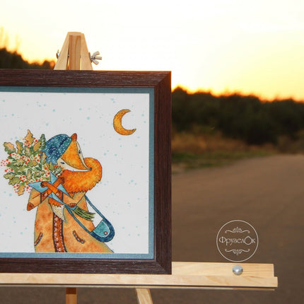 DIY Cross Stitch Kit "Autumn foxes" 8.9x8.3 in / 22.5x21.0 cm