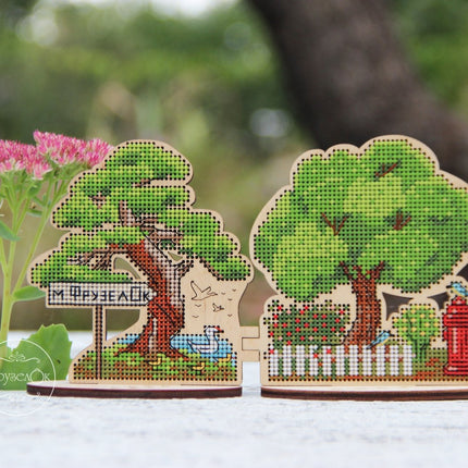 DIY Cross stitch kit on wood "Outskirts" 3.9x4.1 in / 10.0x10.5 cm
