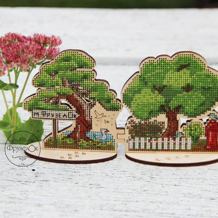 DIY Cross stitch kit on wood "Outskirts" 3.9x4.1 in / 10.0x10.5 cm