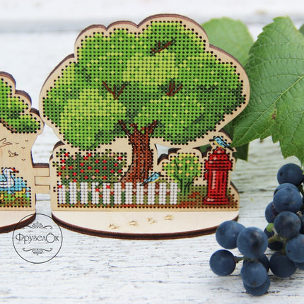 DIY Cross stitch kit on wood "Outskirts" 3.9x4.1 in / 10.0x10.5 cm