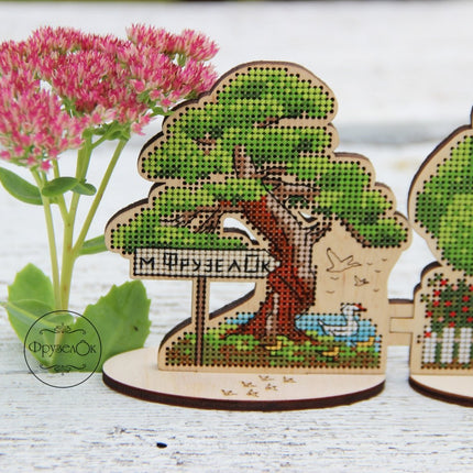 DIY Cross stitch kit on wood "Outskirts" 3.9x4.1 in / 10.0x10.5 cm