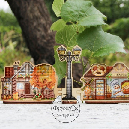 DIY Cross stitch kit on wood "Fall Cottage" 4.9x3.1 in / 12.5x8.0 cm