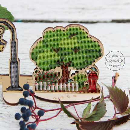DIY Cross stitch kit on wood "Outskirts" 3.9x4.1 in / 10.0x10.5 cm