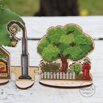 DIY Cross stitch kit on wood "Outskirts" 3.9x4.1 in / 10.0x10.5 cm