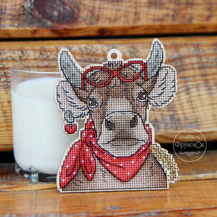 DIY Cross stitch kit on wood "Cow" 3.9x4.5 in / 10.0x11.5 cm