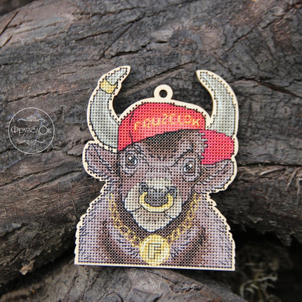 DIY Cross stitch kit on wood "Bull" 3.9x4.9 in / 10.0x12.5 cm