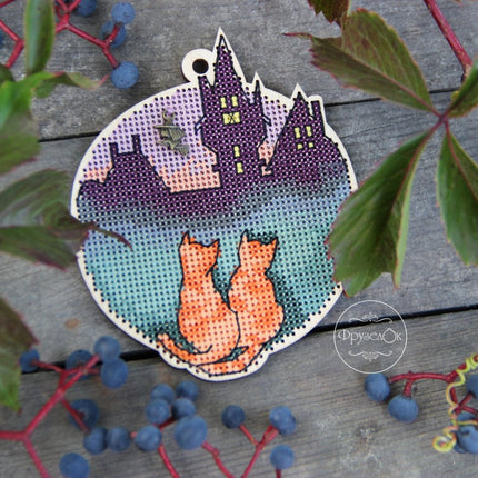 DIY Cross stitch kit on wood "Kittens" 3.5x4.3 in / 9.0x11.0 cm