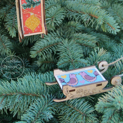 DIY Cross stitch kit on wood "Sleigh" 3.0x1.6 in / 7.5x4.0 cm