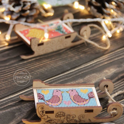 DIY Cross stitch kit on wood "Sleigh" 3.0x1.6 in / 7.5x4.0 cm