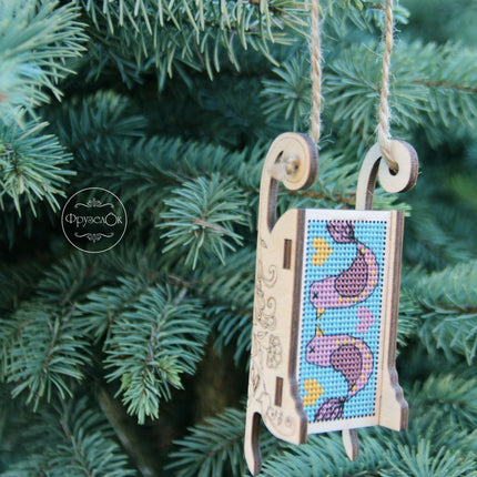 DIY Cross stitch kit on wood "Sleigh" 3.0x1.6 in / 7.5x4.0 cm