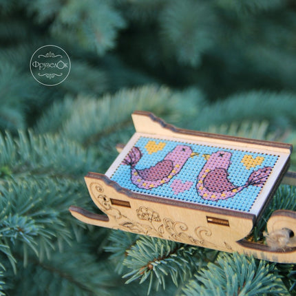 DIY Cross stitch kit on wood "Sleigh" 3.0x1.6 in / 7.5x4.0 cm