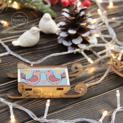 DIY Cross stitch kit on wood "Sleigh" 3.0x1.6 in / 7.5x4.0 cm