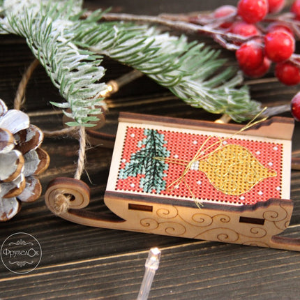 DIY Cross stitch kit on wood "Sleigh" 3.0x1.6 in / 7.5x4.0 cm
