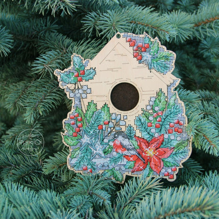 DIY Cross stitch kit on wood "Winter birdhouse" 7.1x6.1 in / 18.0x15.5 cm