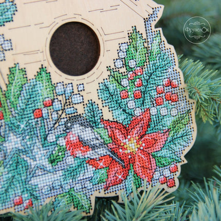 DIY Cross stitch kit on wood "Winter birdhouse" 7.1x6.1 in / 18.0x15.5 cm