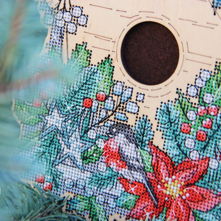 DIY Cross stitch kit on wood "Winter birdhouse" 7.1x6.1 in / 18.0x15.5 cm