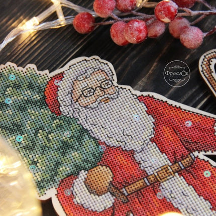 DIY Cross stitch kit on wood "New Year's Eve" 9.8x7.5 in / 25.0x19.0 cm