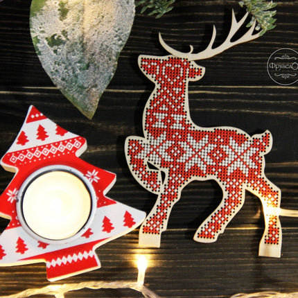 DIY Cross stitch kit on wood "Scandinavian Deer" 5.1x3.7 in / 13.0x9.5 cm