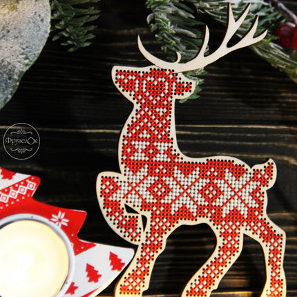 DIY Cross stitch kit on wood "Scandinavian Deer" 5.1x3.7 in / 13.0x9.5 cm