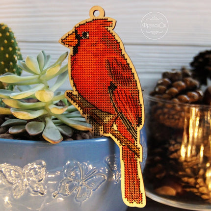 DIY Cross stitch kit on wood "Cardinal" 6.1x2.6 in / 15.5x6.5 cm