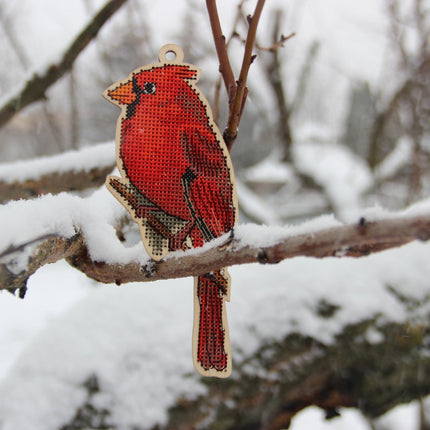 DIY Cross stitch kit on wood "Cardinal" 6.1x2.6 in / 15.5x6.5 cm