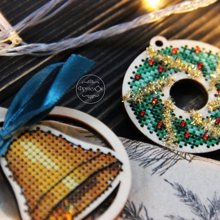 DIY Cross stitch kit on wood "Decoration" 2.2 in / 5.5 cm