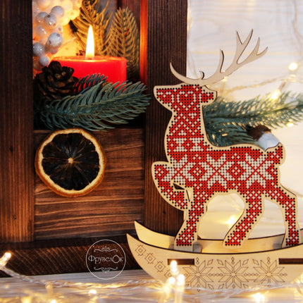 DIY Cross stitch kit on wood "Scandinavian Deer" 5.1x3.7 in / 13.0x9.5 cm