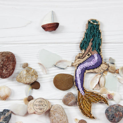 DIY Cross stitch kit on wood "Mermaid" 5.9x2.2 in / 15.0x5.5 cm