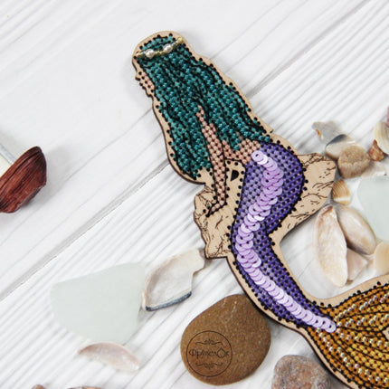 DIY Cross stitch kit on wood "Mermaid" 5.9x2.2 in / 15.0x5.5 cm