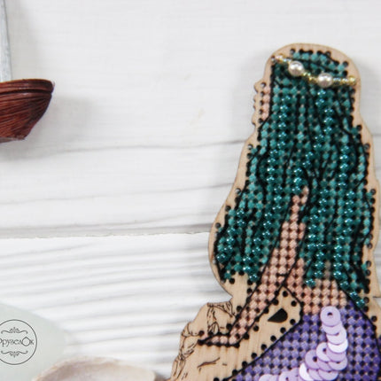 DIY Cross stitch kit on wood "Mermaid" 5.9x2.2 in / 15.0x5.5 cm