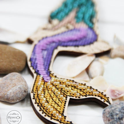 DIY Cross stitch kit on wood "Mermaid" 5.9x2.2 in / 15.0x5.5 cm