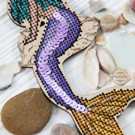 DIY Cross stitch kit on wood "Mermaid" 5.9x2.2 in / 15.0x5.5 cm
