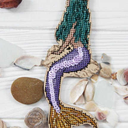 DIY Cross stitch kit on wood "Mermaid" 5.9x2.2 in / 15.0x5.5 cm