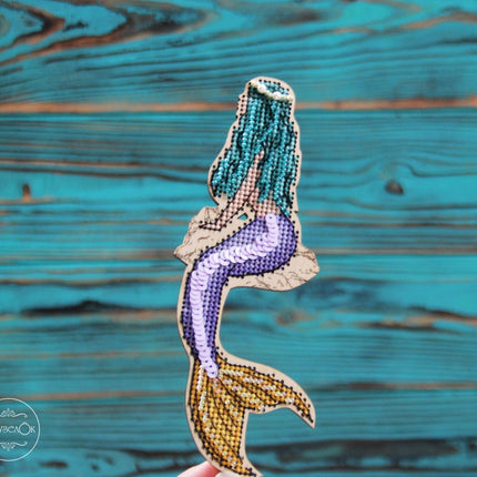 DIY Cross stitch kit on wood "Mermaid" 5.9x2.2 in / 15.0x5.5 cm