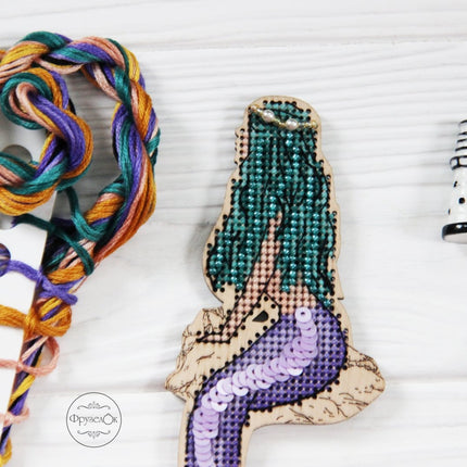 DIY Cross stitch kit on wood "Mermaid" 5.9x2.2 in / 15.0x5.5 cm
