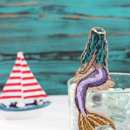DIY Cross stitch kit on wood "Mermaid" 5.9x2.2 in / 15.0x5.5 cm