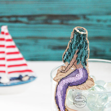 DIY Cross stitch kit on wood "Mermaid" 5.9x2.2 in / 15.0x5.5 cm