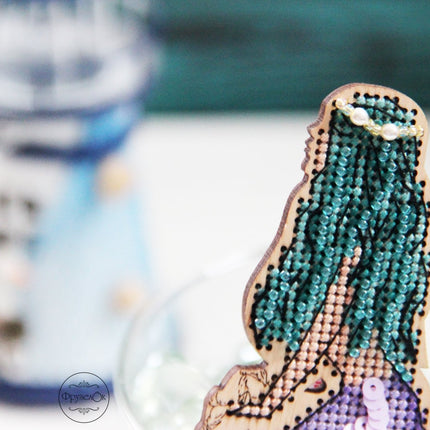 DIY Cross stitch kit on wood "Mermaid" 5.9x2.2 in / 15.0x5.5 cm