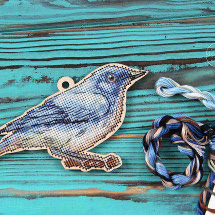 DIY Cross stitch kit on wood "Blue Nightingale" 5.5x3.5 in / 14.0x9.0 cm